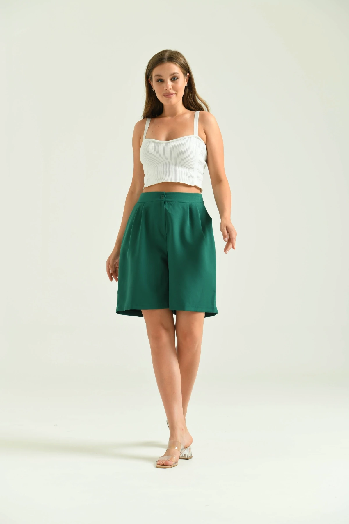 Kadın Zümrüt Uzun Basic Kumaş Şort