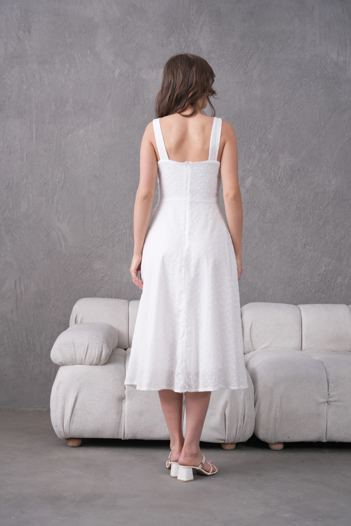 Kare Yaka Kolsuz Astarlı Brode Elbise