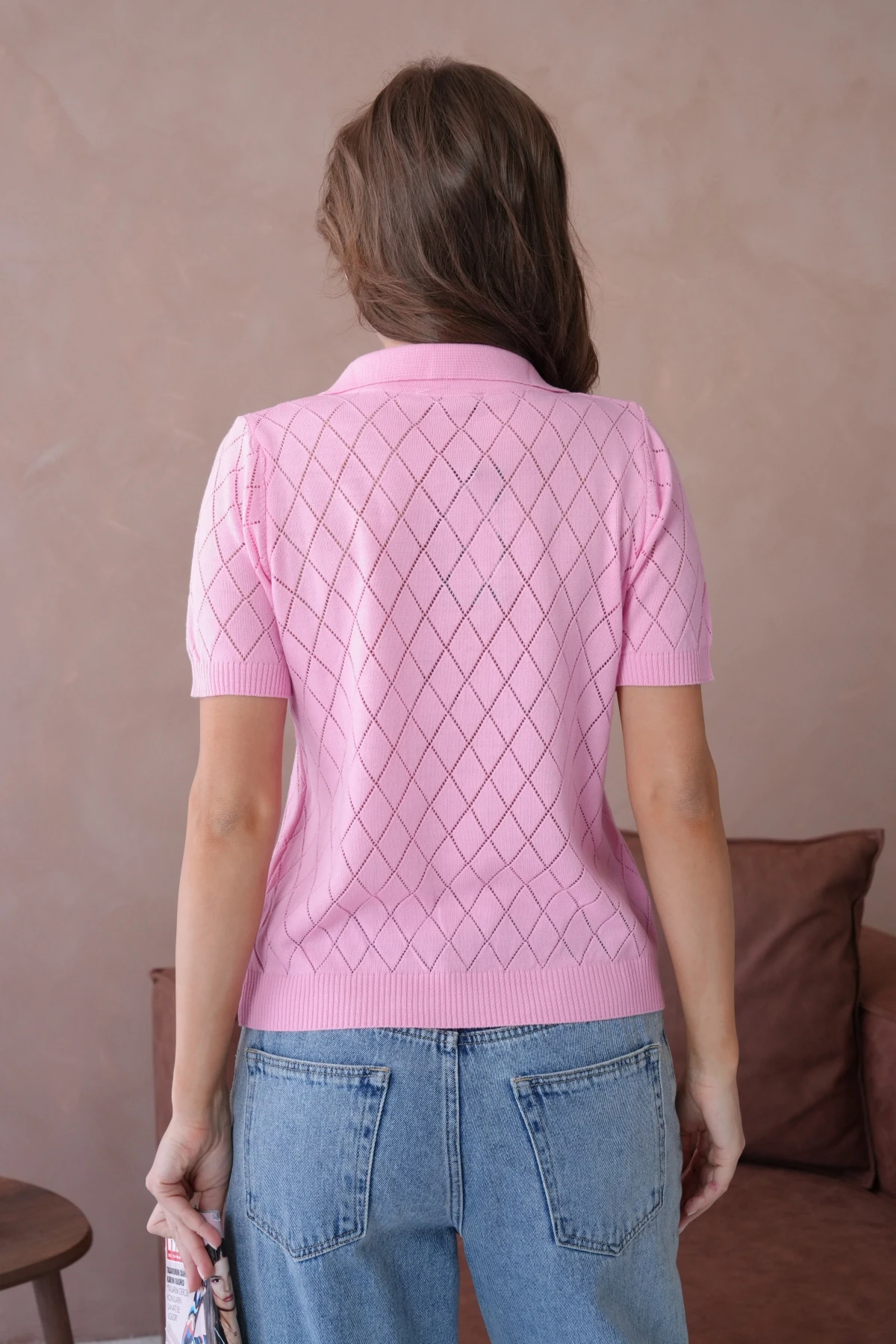 Polo Yaka Ajurlu Kısa Kol Polo Triko Kazak