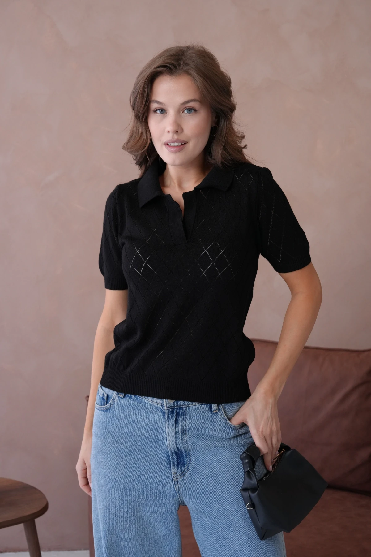 Polo Yaka Ajurlu Kısa Kol Polo Triko Kazak