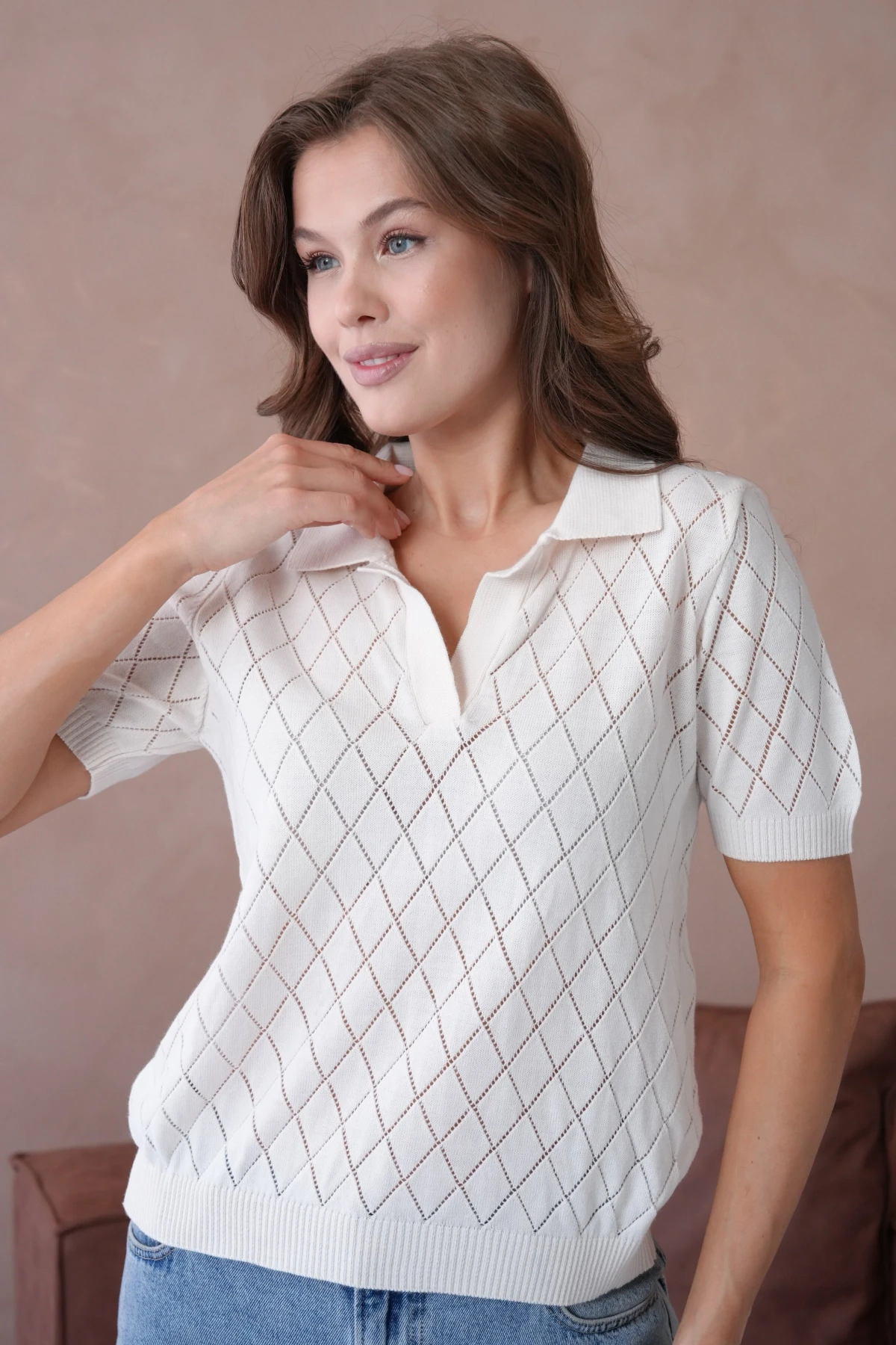 Polo Yaka Ajurlu Kısa Kol Polo Triko Kazak