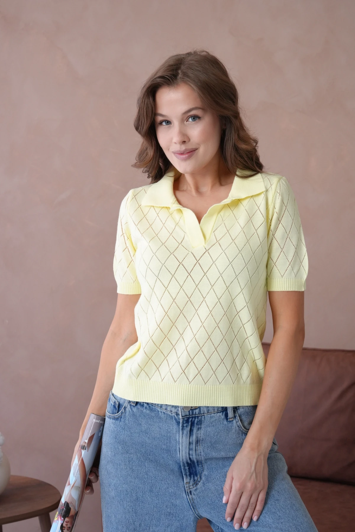 Polo Yaka Ajurlu Kısa Kol Polo Triko Kazak