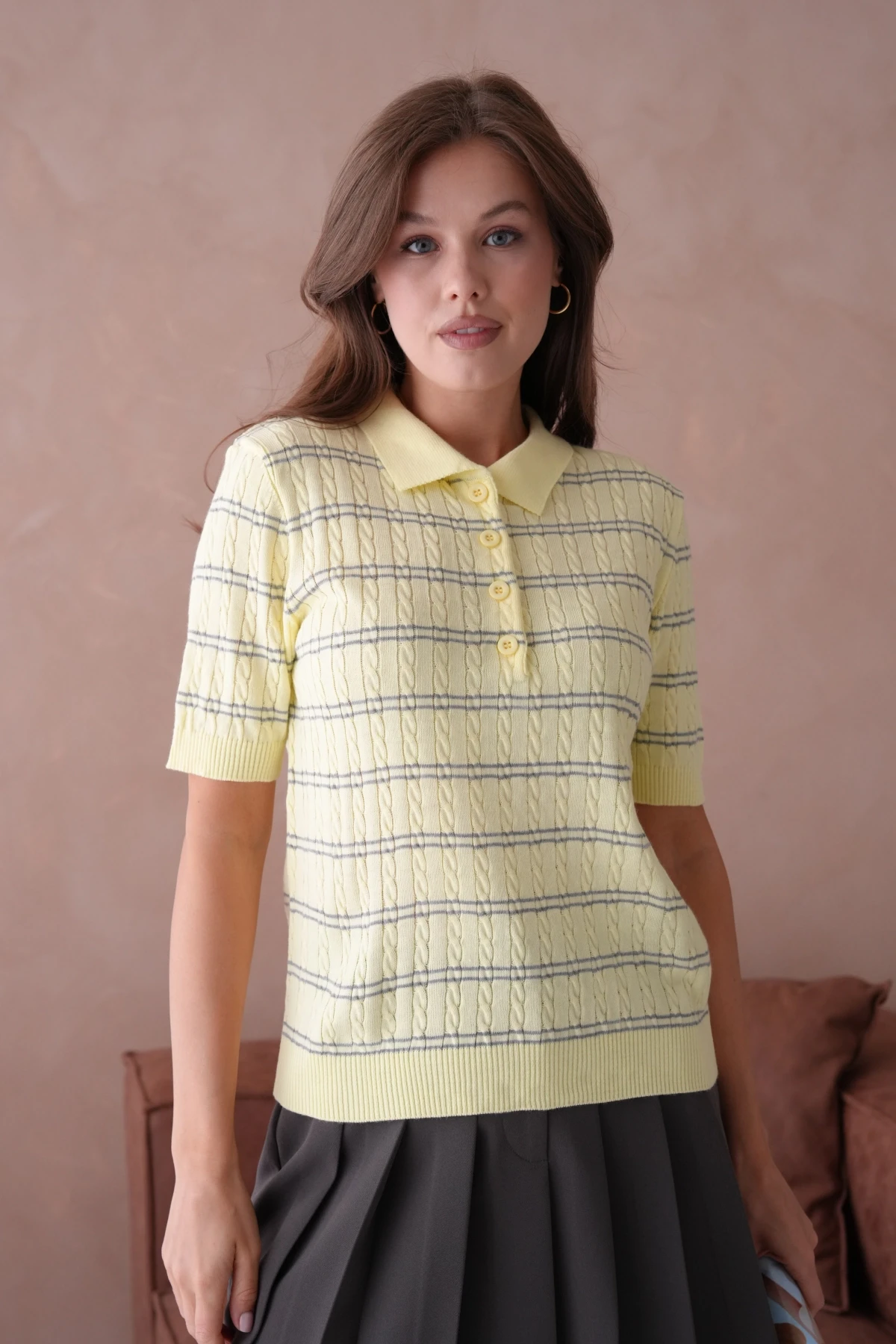 Polo Yaka Kısa Kol Desenli Polo Triko Kazak