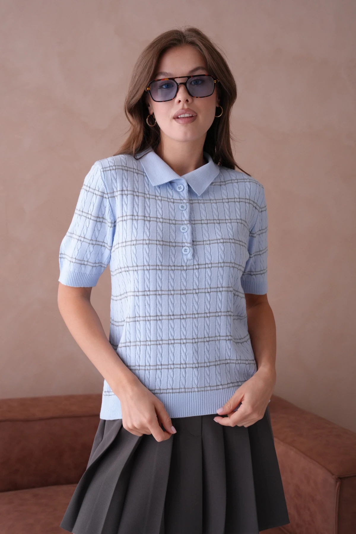 Polo Yaka Kısa Kol Desenli Polo Triko Kazak