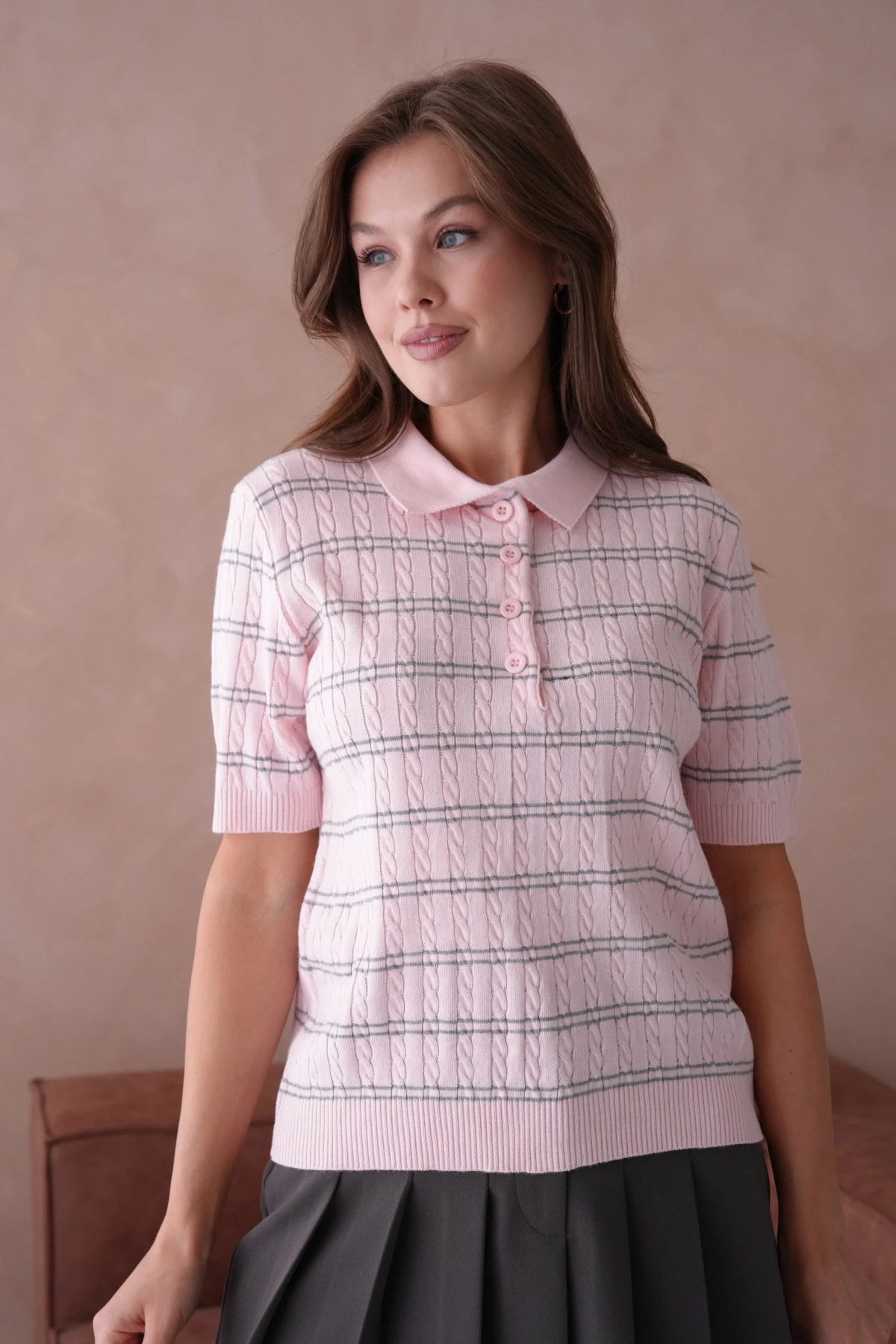 Polo Yaka Kısa Kol Desenli Polo Triko Kazak