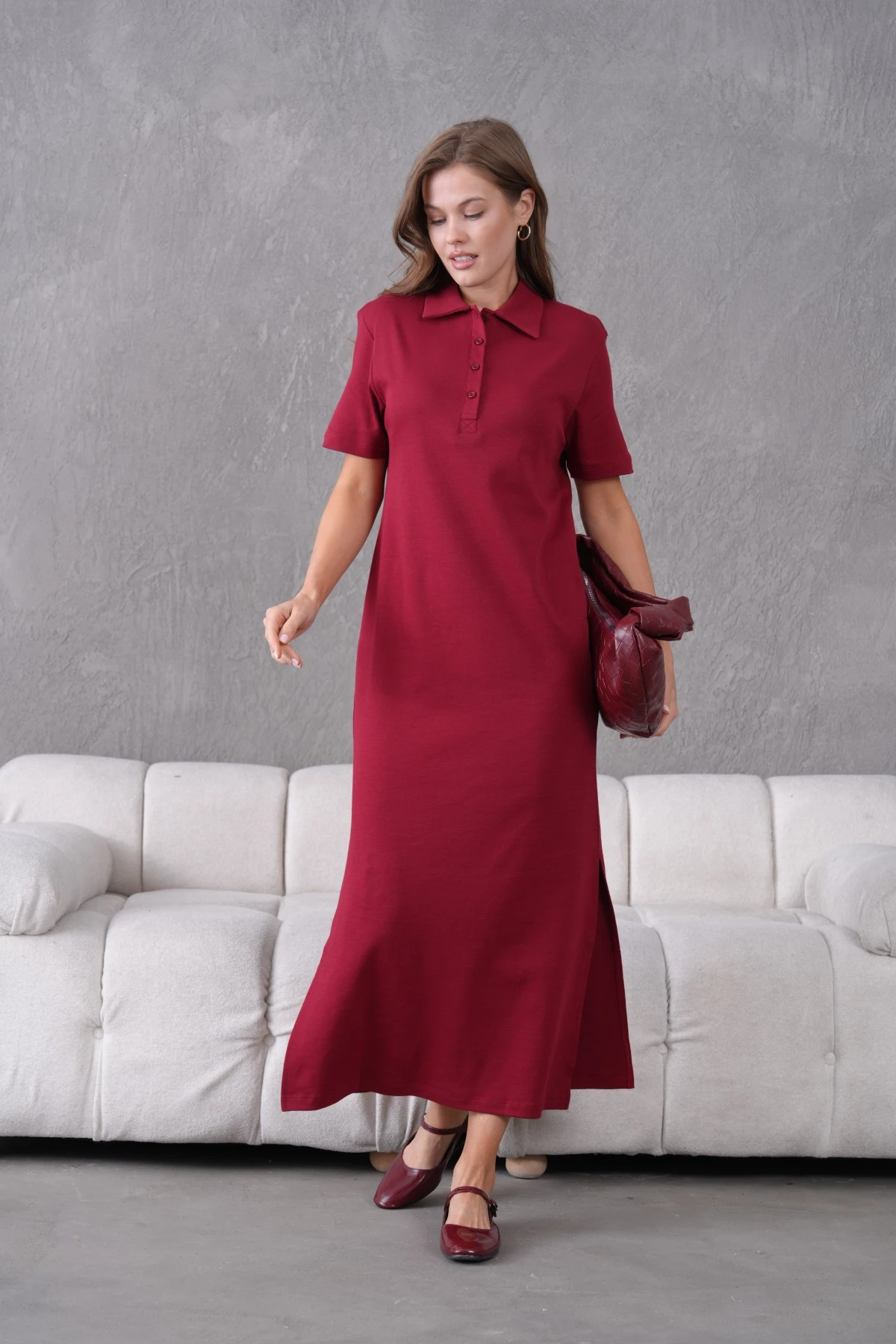 Polo Yaka Kısa Kol Yırtmaçlı Salaş Penye Elbise