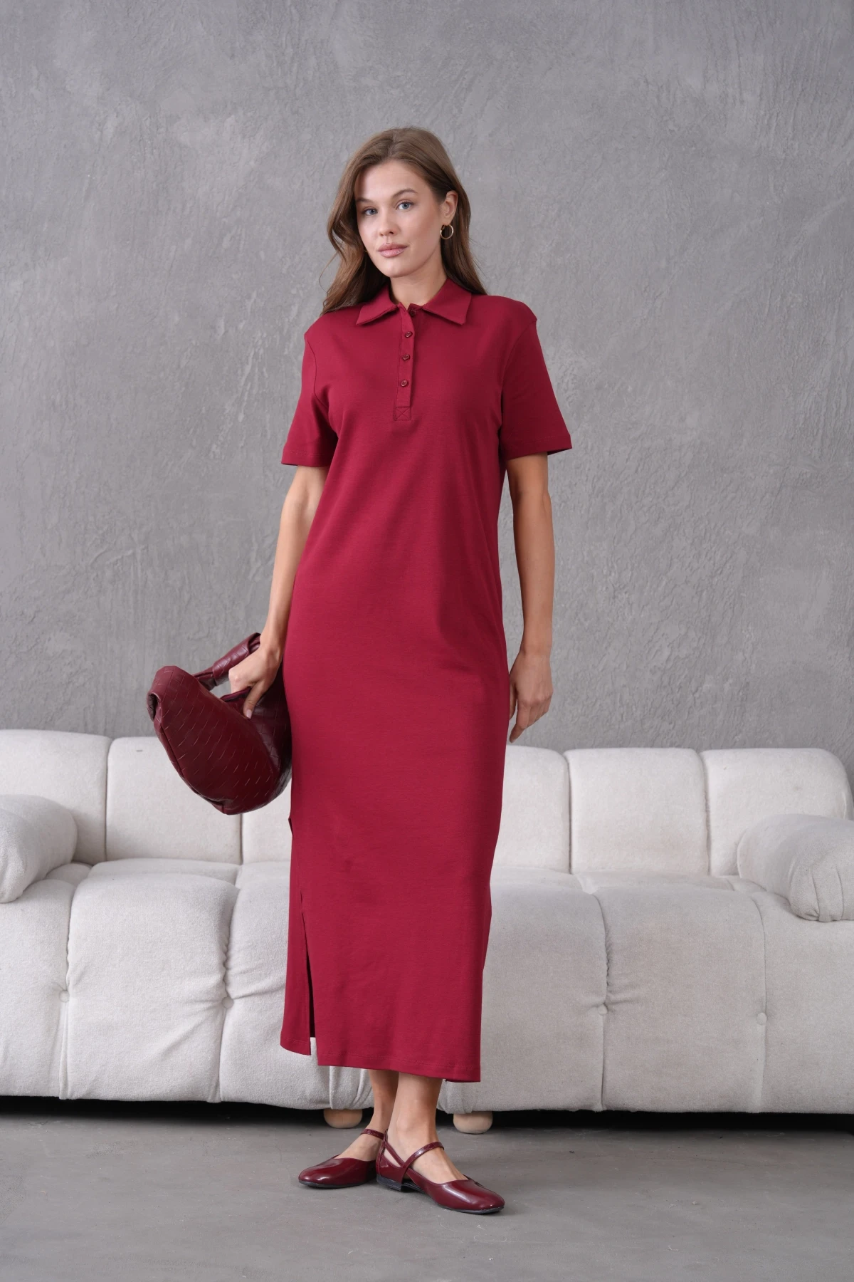 Polo Yaka Kısa Kol Yırtmaçlı Salaş Penye Elbise