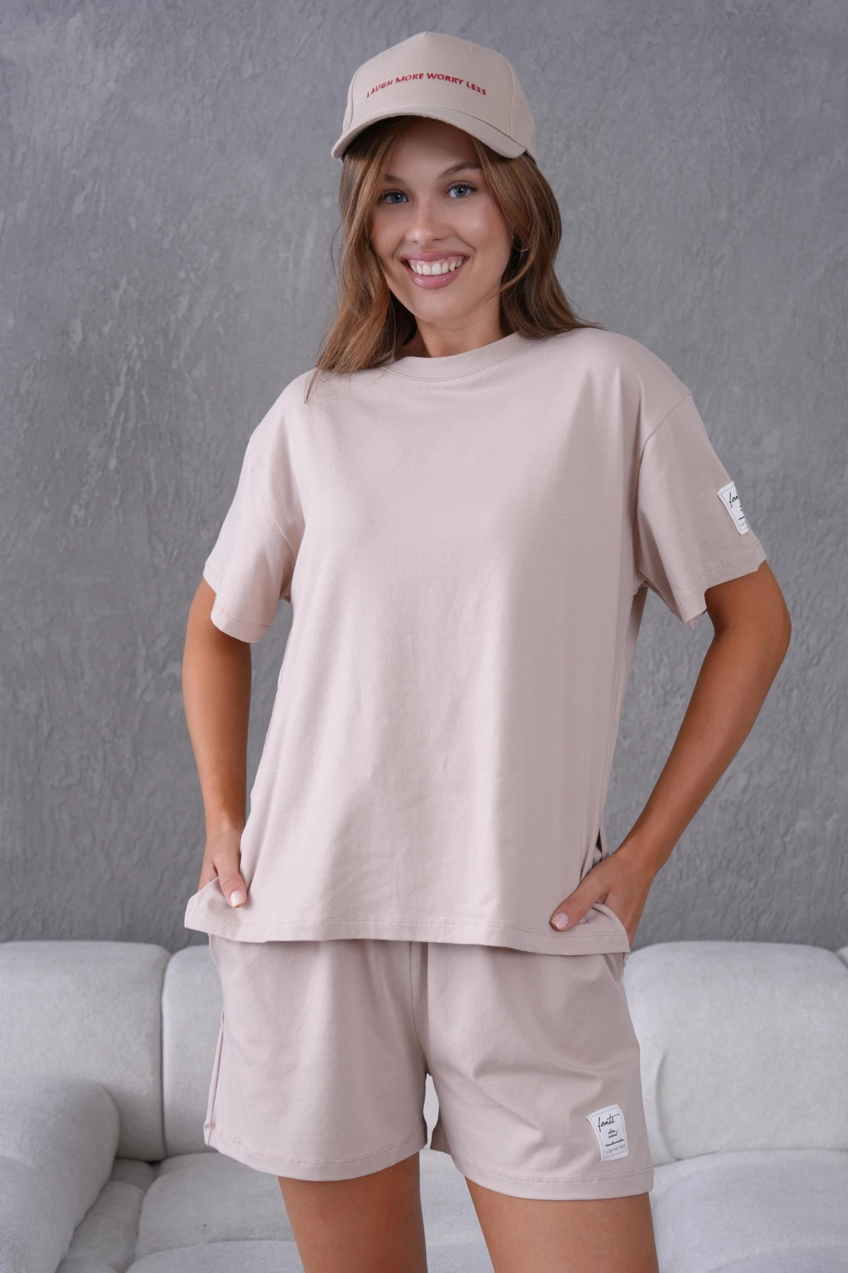 Bisiklet Yaka Kısa Kol Üst Bel Bağcıklı Lastikli Şort Basic Örme İkili Takım