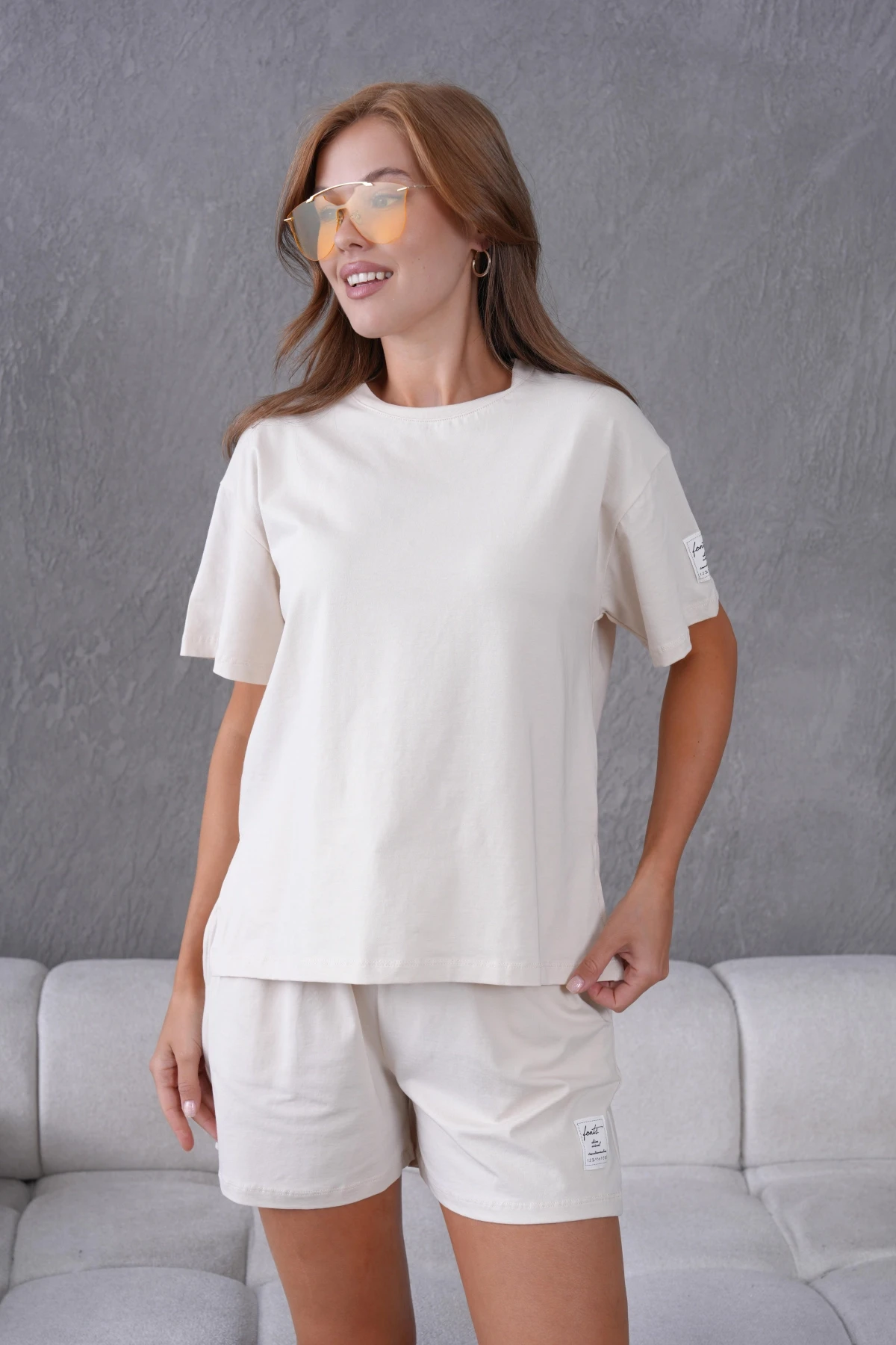 Bisiklet Yaka Kısa Kol Üst Bel Bağcıklı Lastikli Şort Basic Örme İkili Takım