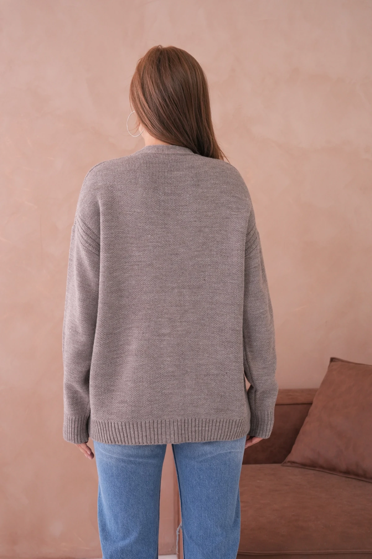 Kadın Açık Yaka Düğme Detay Oversize Triko Kazak