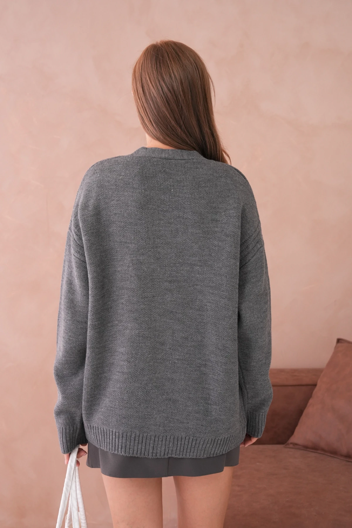 Kadın Açık Yaka Düğme Detay Oversize Triko Kazak