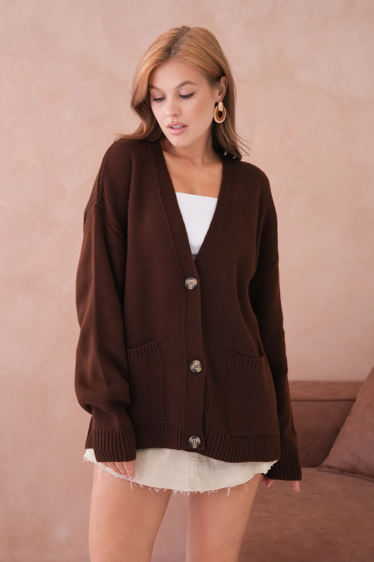 Kadın Açık Yaka Düğme Detay Oversize Triko Kazak