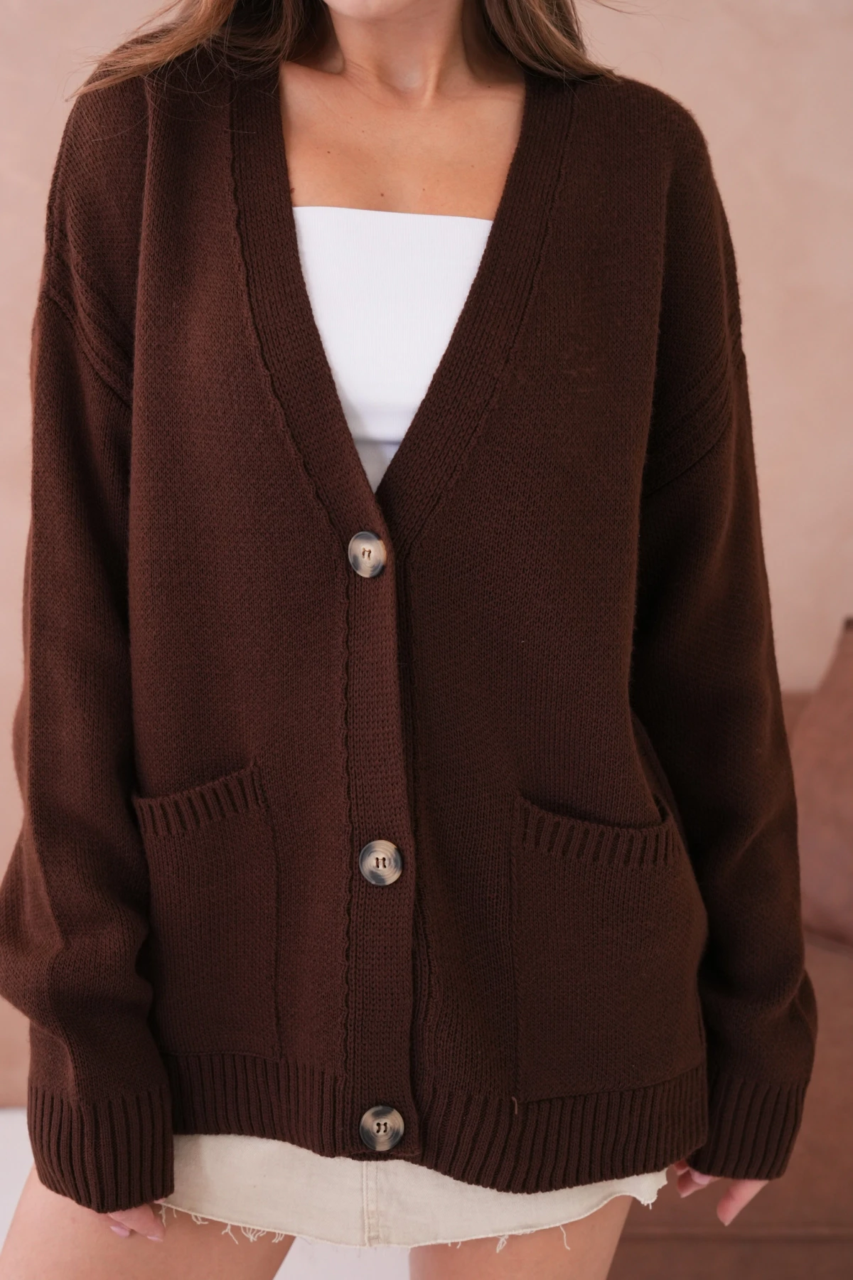 Kadın Açık Yaka Düğme Detay Oversize Triko Kazak