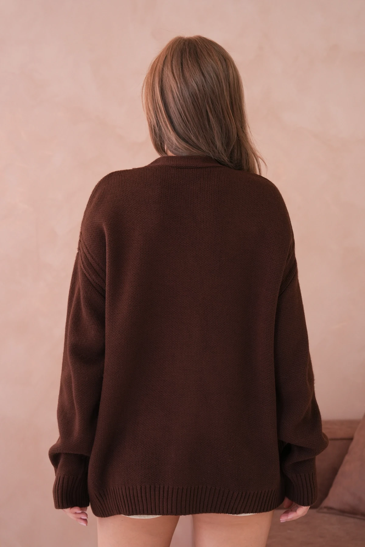 Kadın Açık Yaka Düğme Detay Oversize Triko Kazak