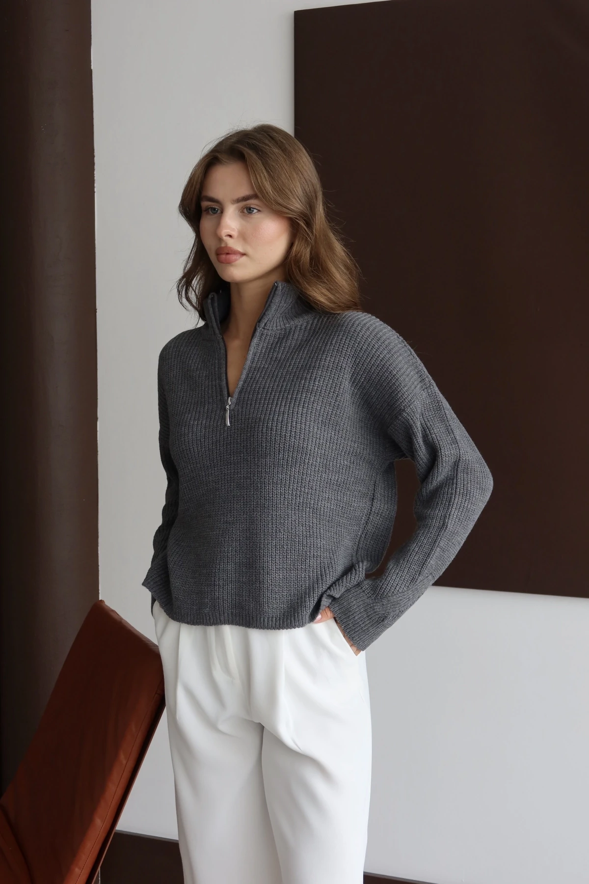 Kadın Antrasit Oversize Fermuarlı Basic Triko Kazak