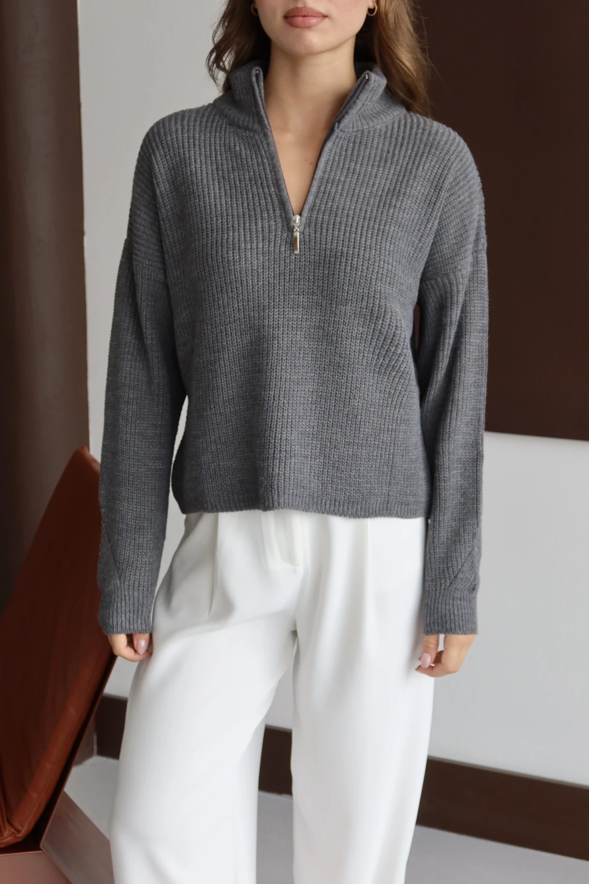 Kadın Antrasit Oversize Fermuarlı Basic Triko Kazak