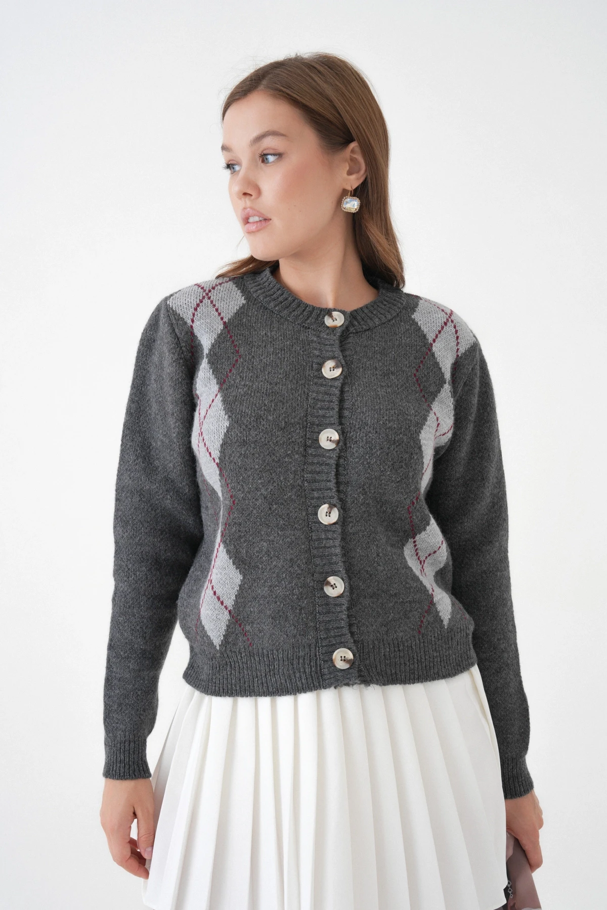 Kadın Antrasit Bisiklet Yaka Düğme Detay Desenli Triko Hırka