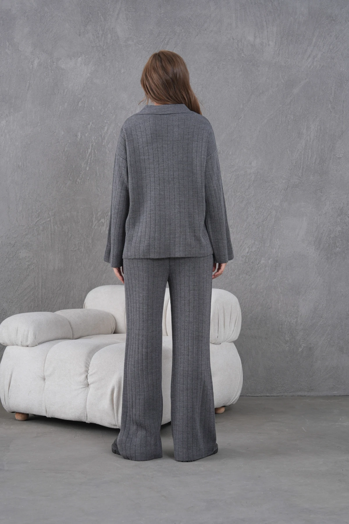 Kadın Antrasit Kendinden Dokulu Düğmeli Kazak Pantolon Triko Alt-Üst Takım