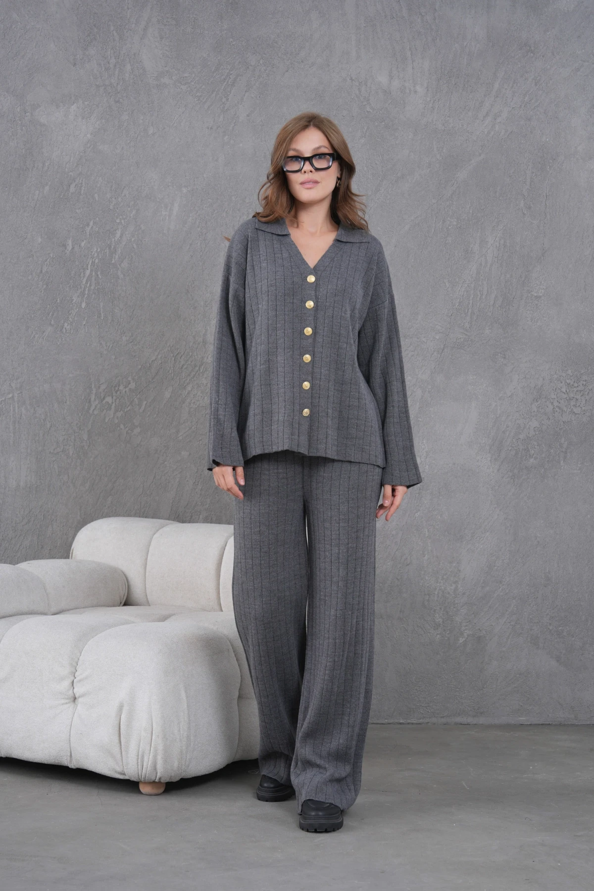 Kadın Antrasit Kendinden Dokulu Düğmeli Kazak Pantolon Triko Alt-Üst Takım