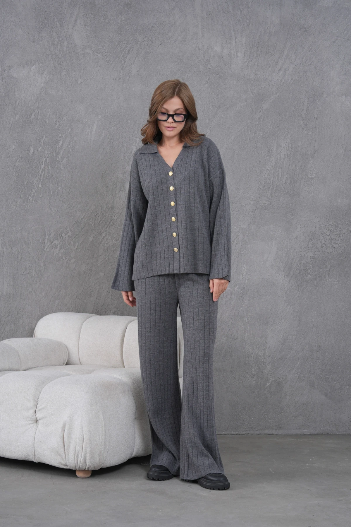 Kadın Antrasit Kendinden Dokulu Düğmeli Kazak Pantolon Triko Alt-Üst Takım