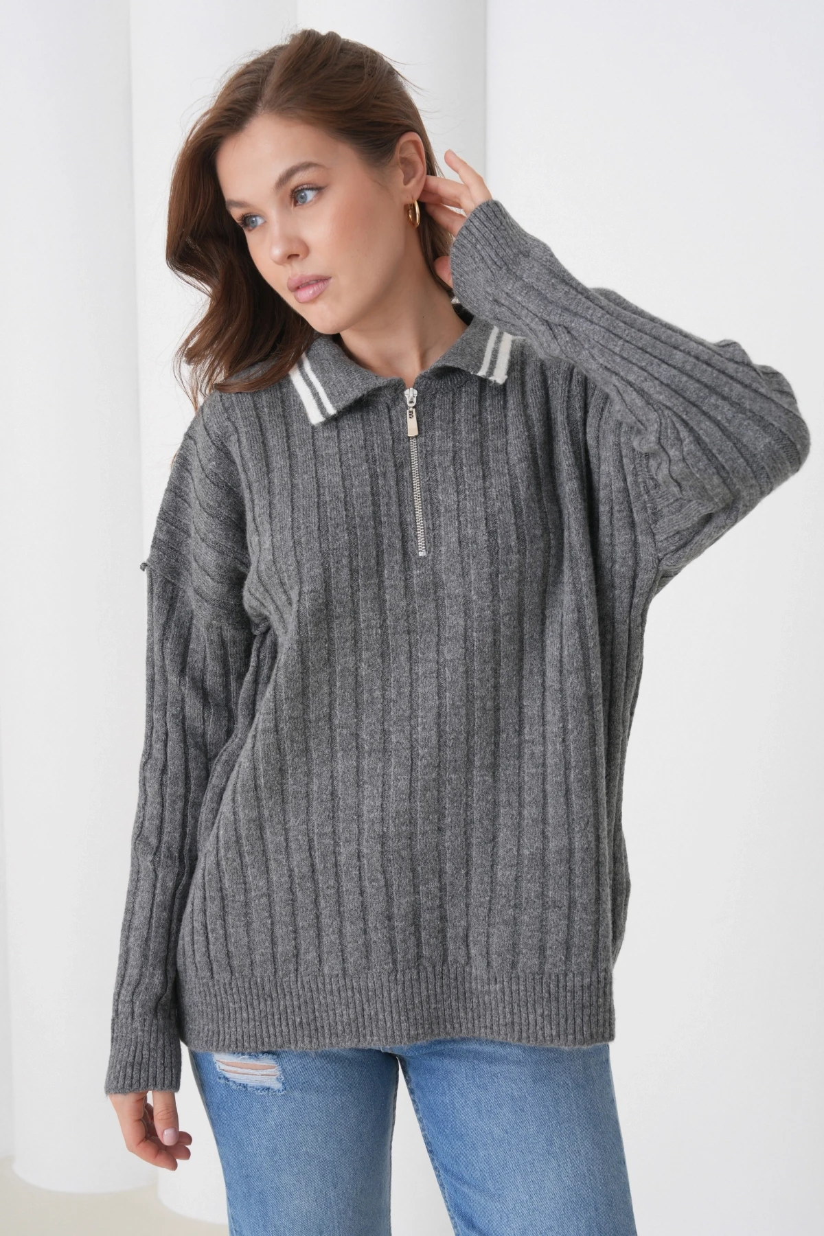Kadın Antrasit Polo Yaka Fermuarlı Oversize Triko Kazak