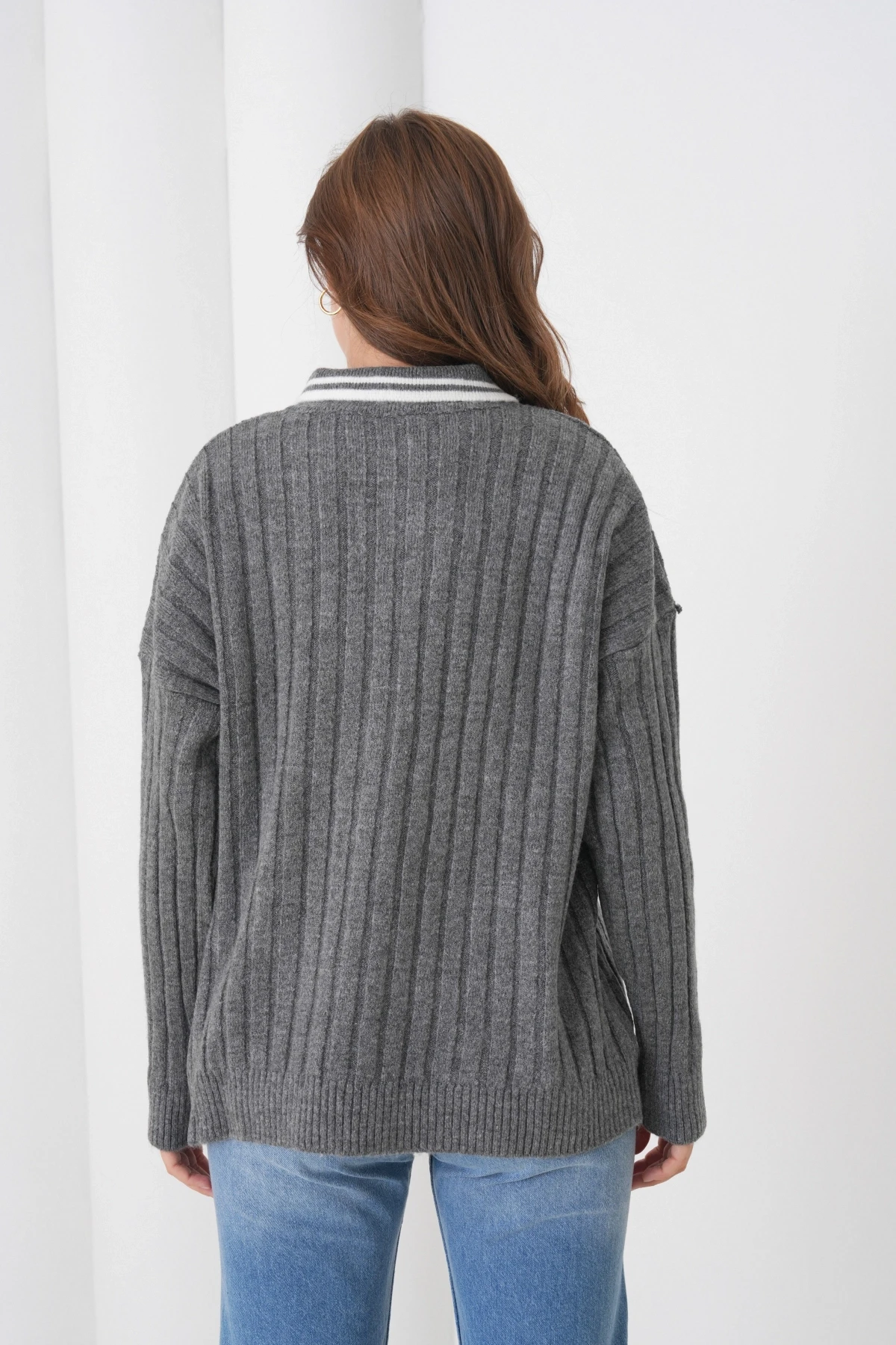 Kadın Antrasit Polo Yaka Fermuarlı Oversize Triko Kazak