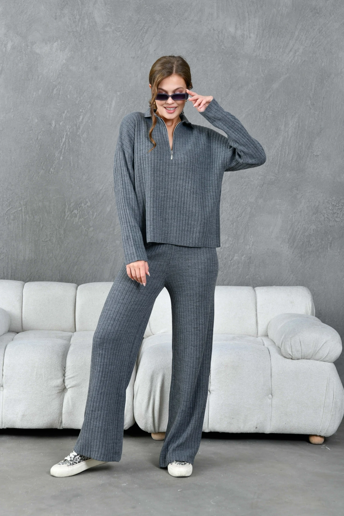 Kadın Antrasit Polo Yaka Oversize Kazak Pantolon Triko Alt-Üst Takım