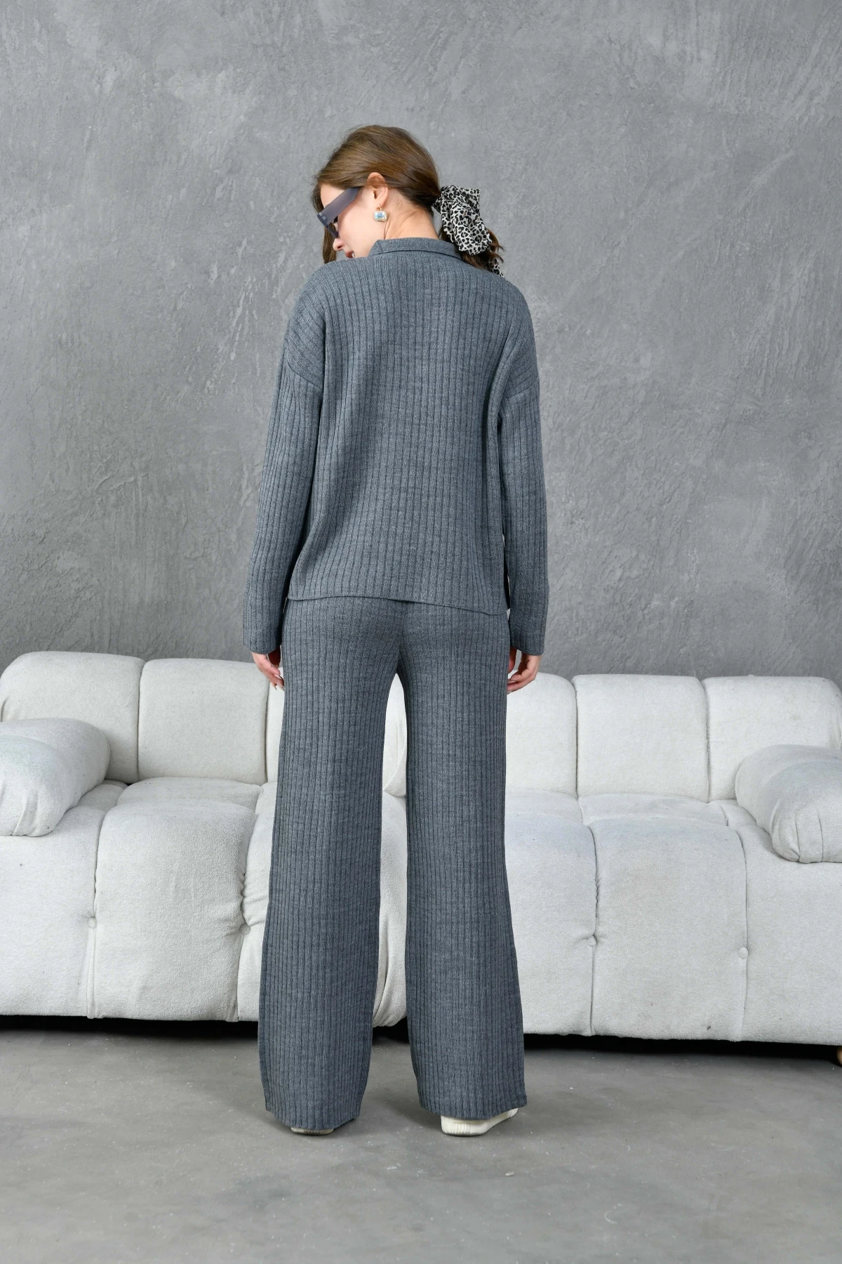 Kadın Antrasit Polo Yaka Oversize Kazak Pantolon Triko Alt-Üst Takım