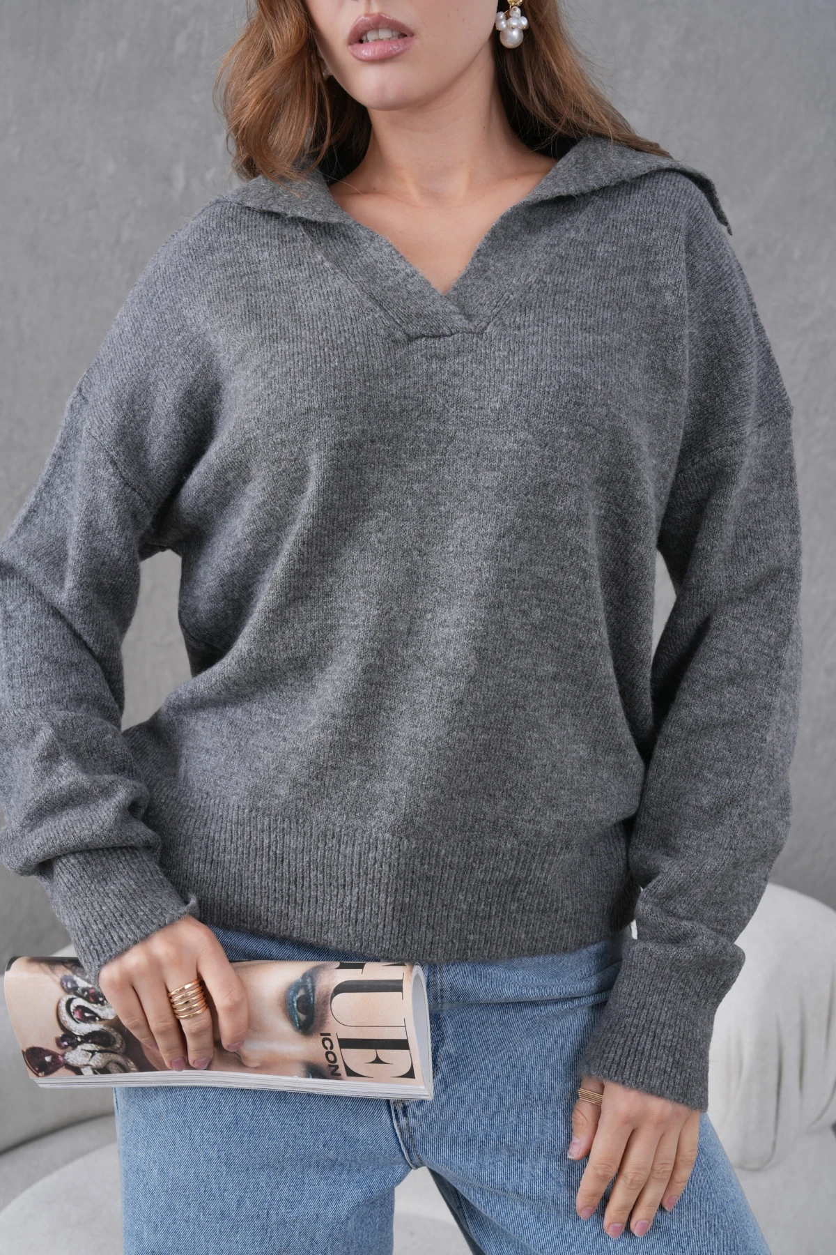 Kadın Antrasit Polo Yaka Oversize Yarım Pat Yumuşak Dokulu Triko Kazak