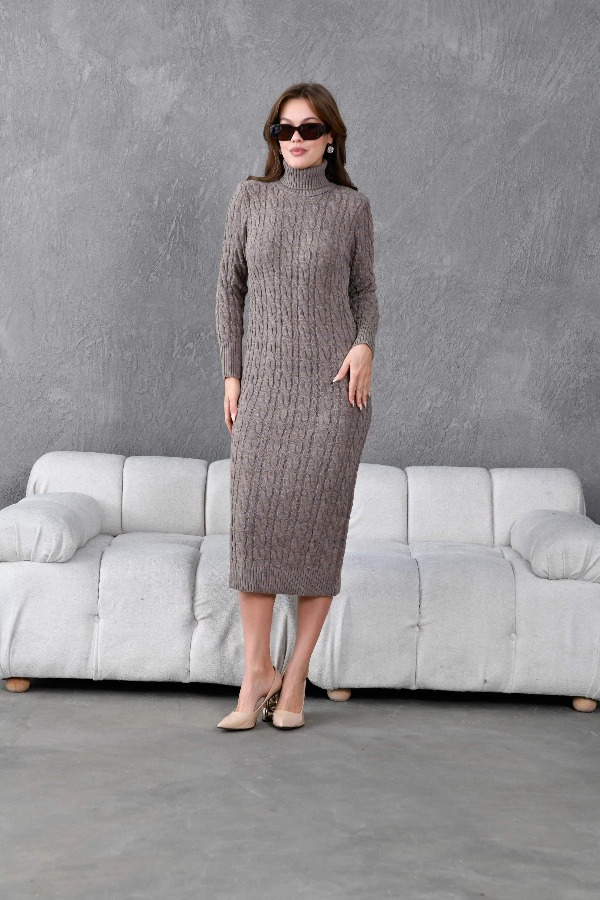 Kadın Balıkçı Yaka Örgü Detay Kışlık Triko Kelbise