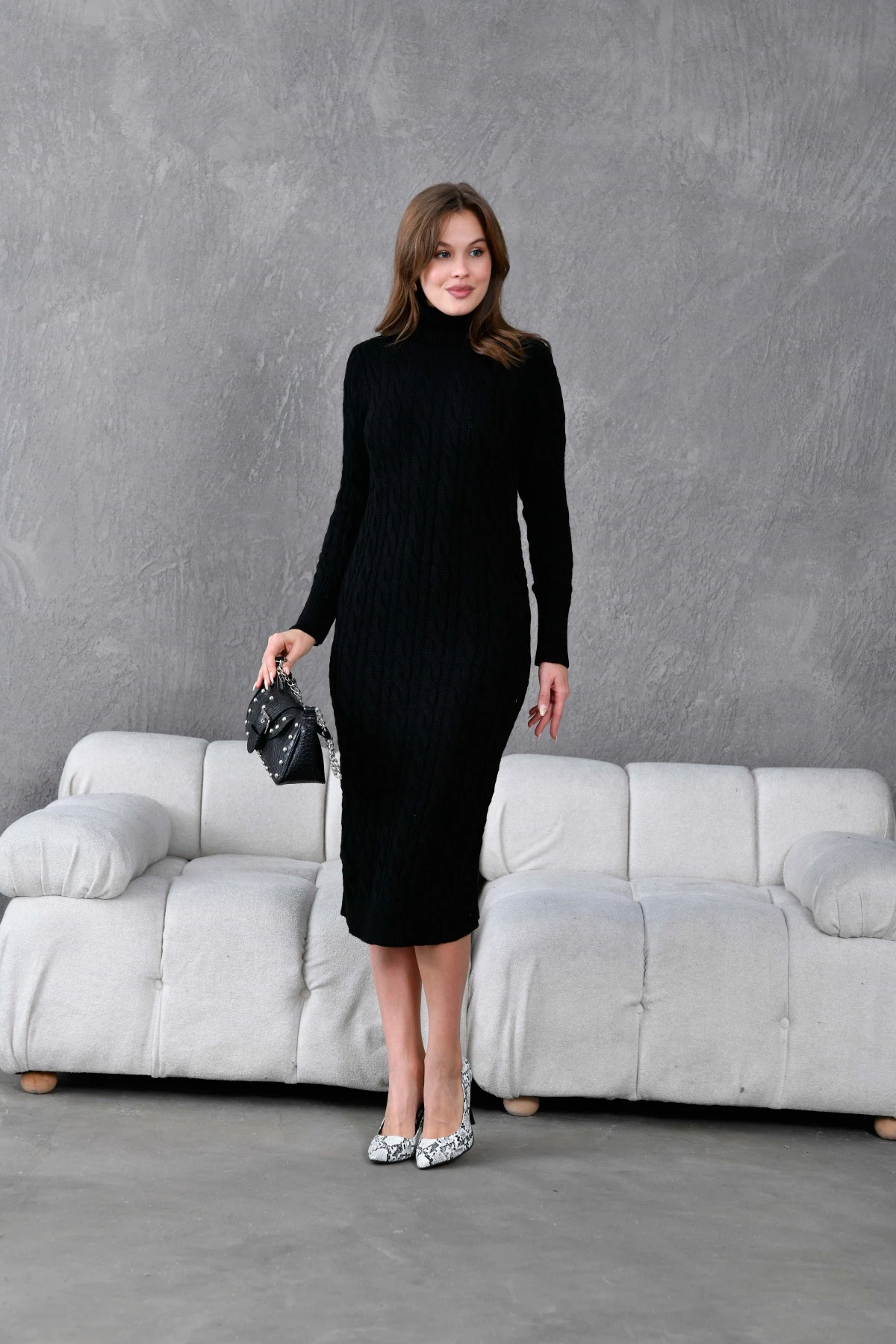 Kadın Balıkçı Yaka Örgü Detay Kışlık Triko Kelbise