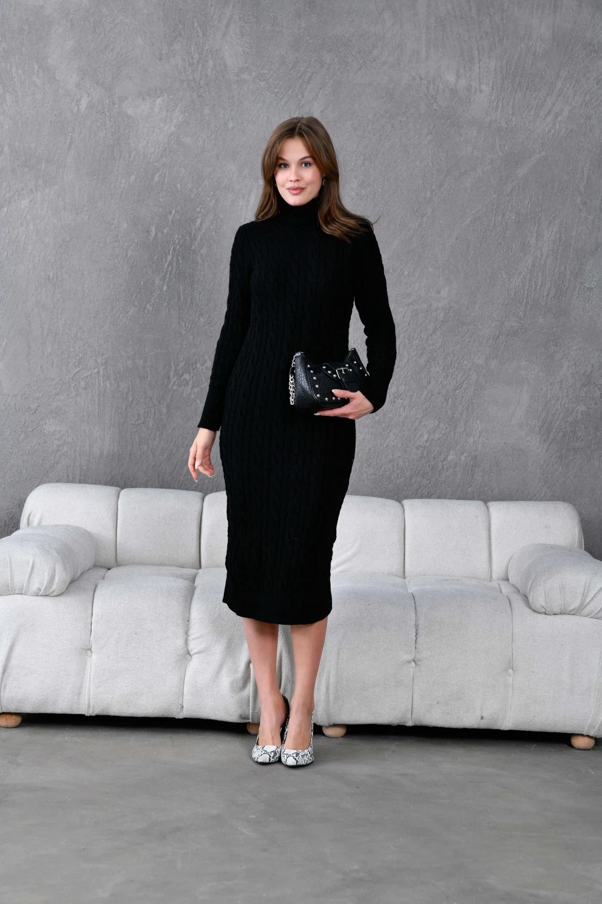 Kadın Balıkçı Yaka Örgü Detay Kışlık Triko Kelbise