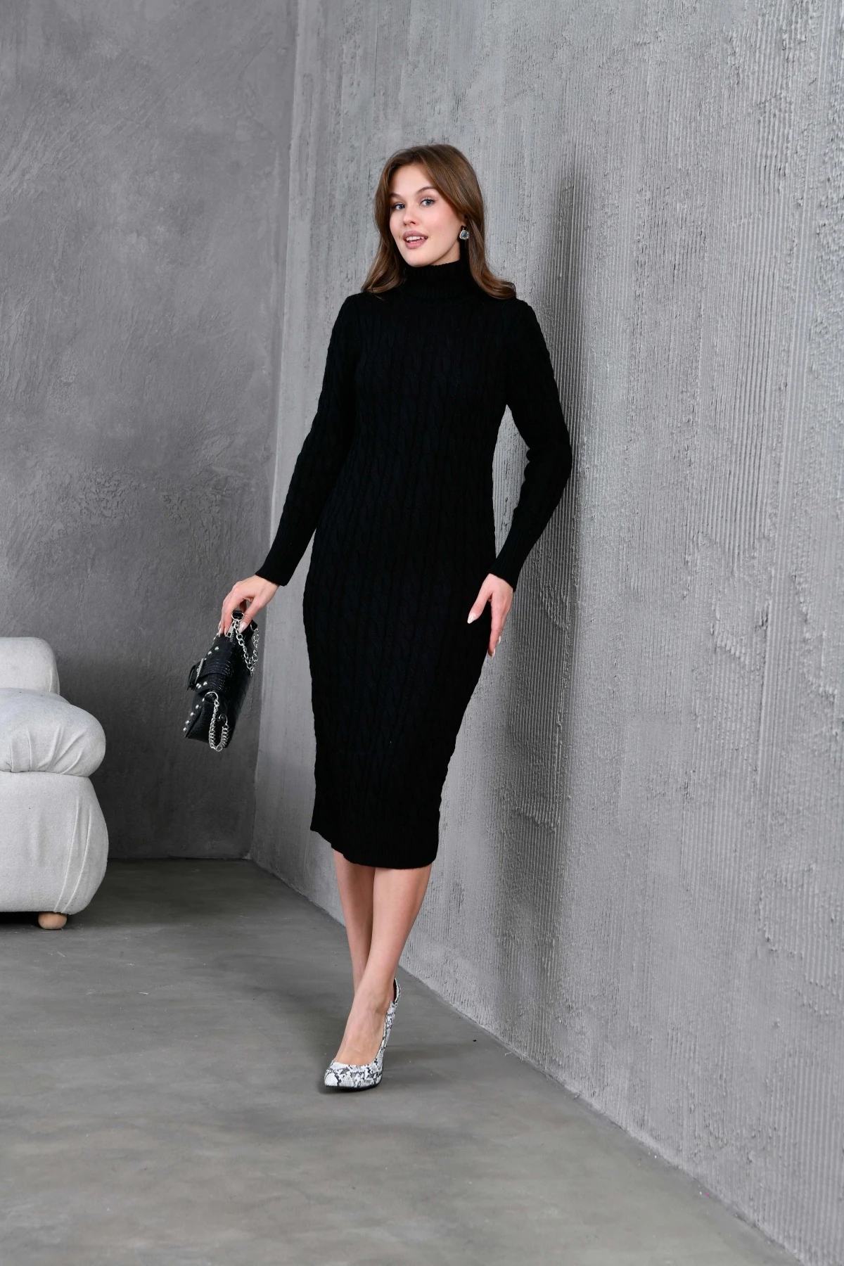 Kadın Balıkçı Yaka Örgü Detay Kışlık Triko Kelbise