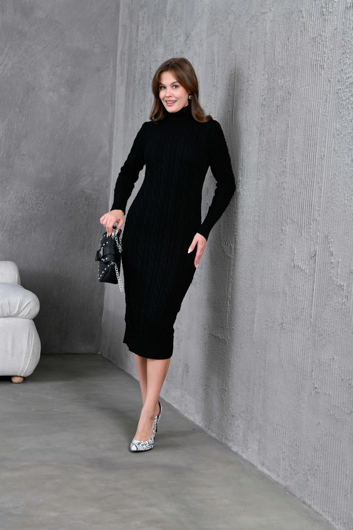 Kadın Balıkçı Yaka Örgü Detay Kışlık Triko Kelbise