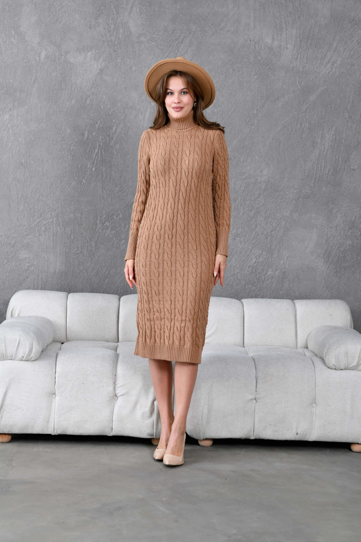 Kadın Balıkçı Yaka Örgü Detay Kışlık Triko Kelbise