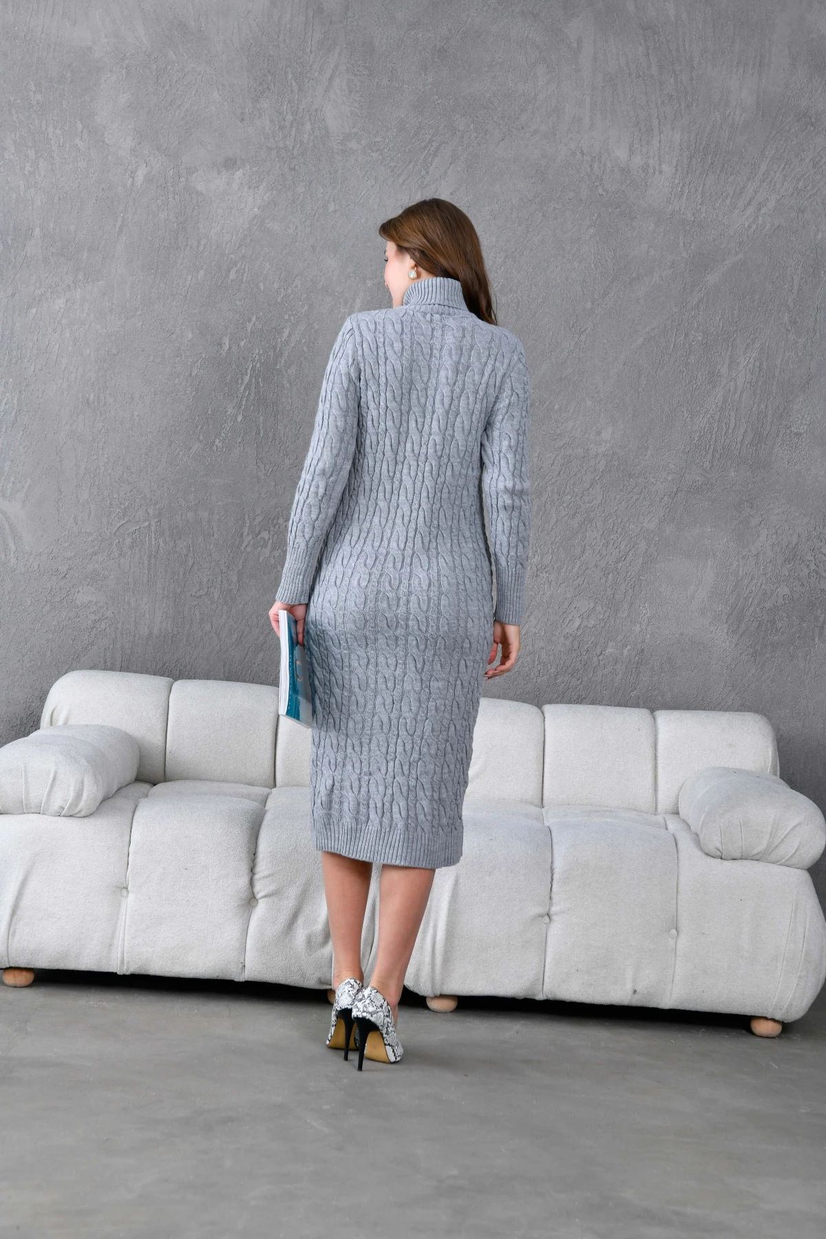 Kadın Balıkçı Yaka Örgü Detay Kışlık Triko Kelbise