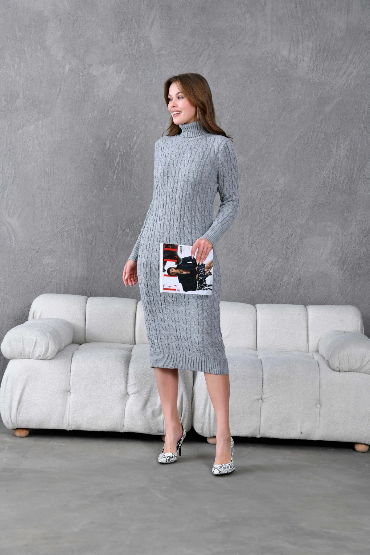 Kadın Balıkçı Yaka Örgü Detay Kışlık Triko Kelbise