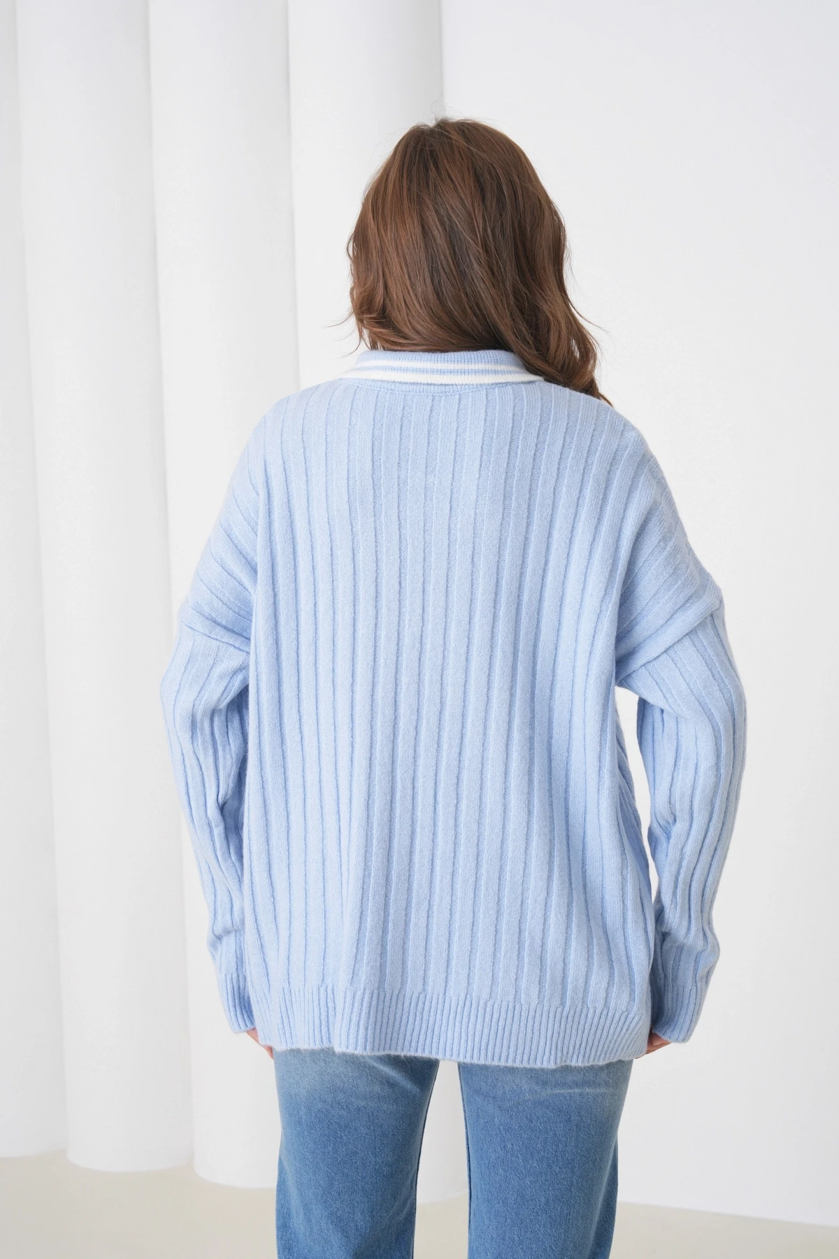 Kadın Bebe Mavi Polo Yaka Fermuarlı Oversize Triko Kazak