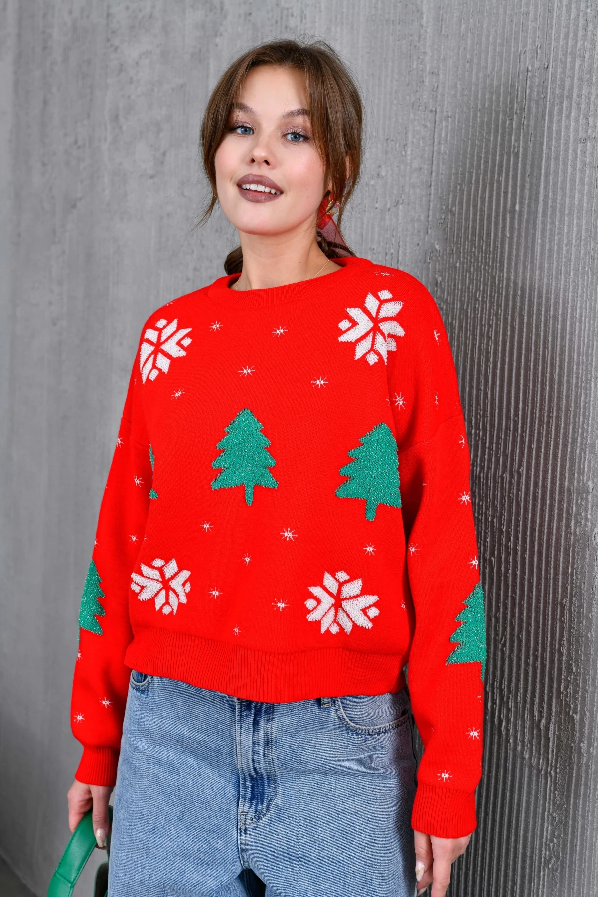 Kadın Bisiklet Yaka Desenli Simli Salaş Triko Kazak