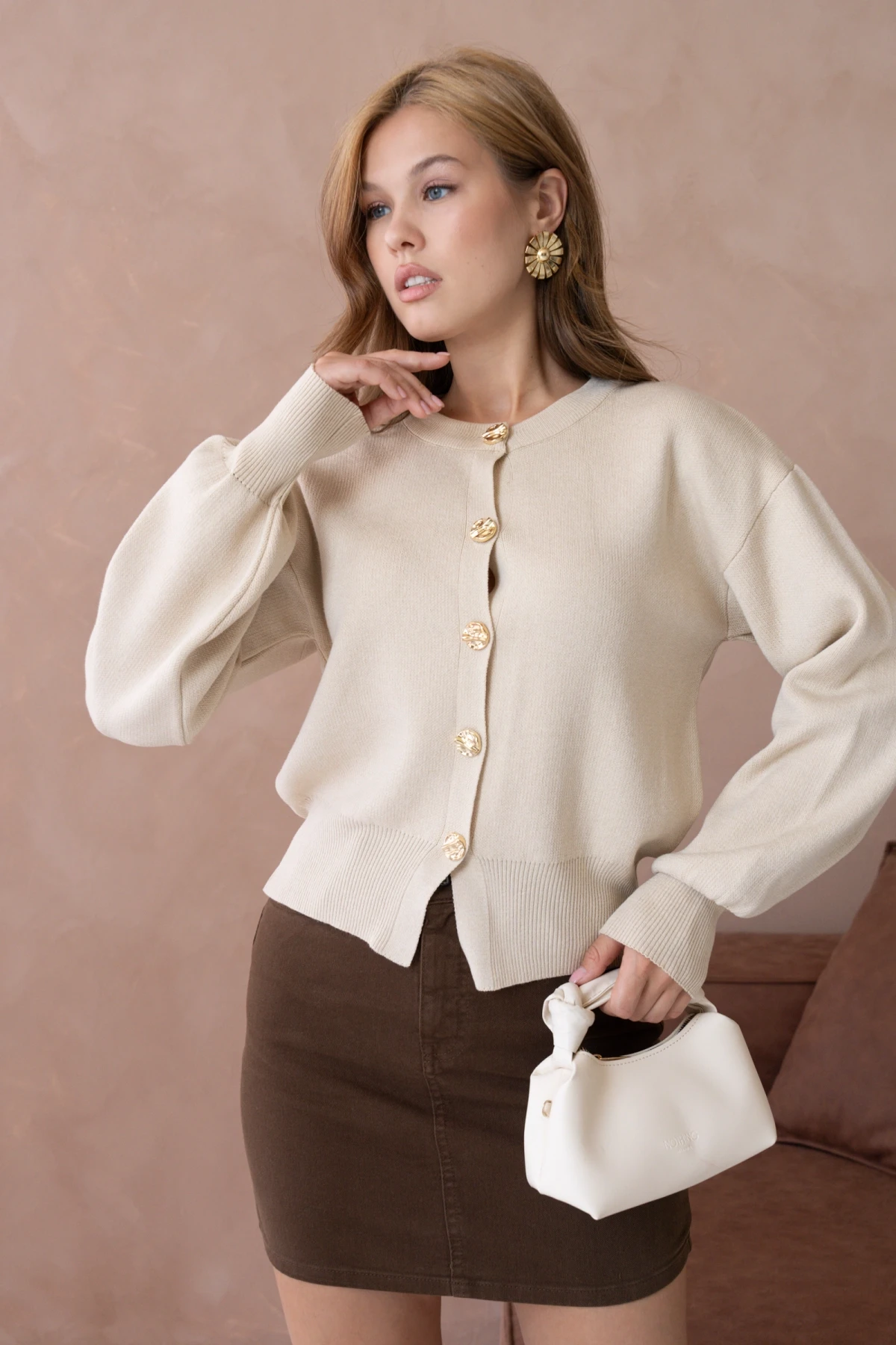 Kadın Bisiklet Yaka Düğme Detaylı Triko Hırka