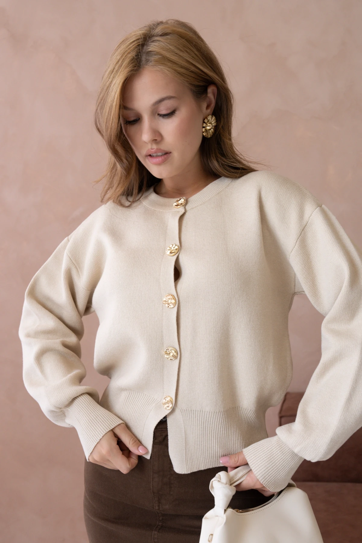 Kadın Bisiklet Yaka Düğme Detaylı Triko Hırka