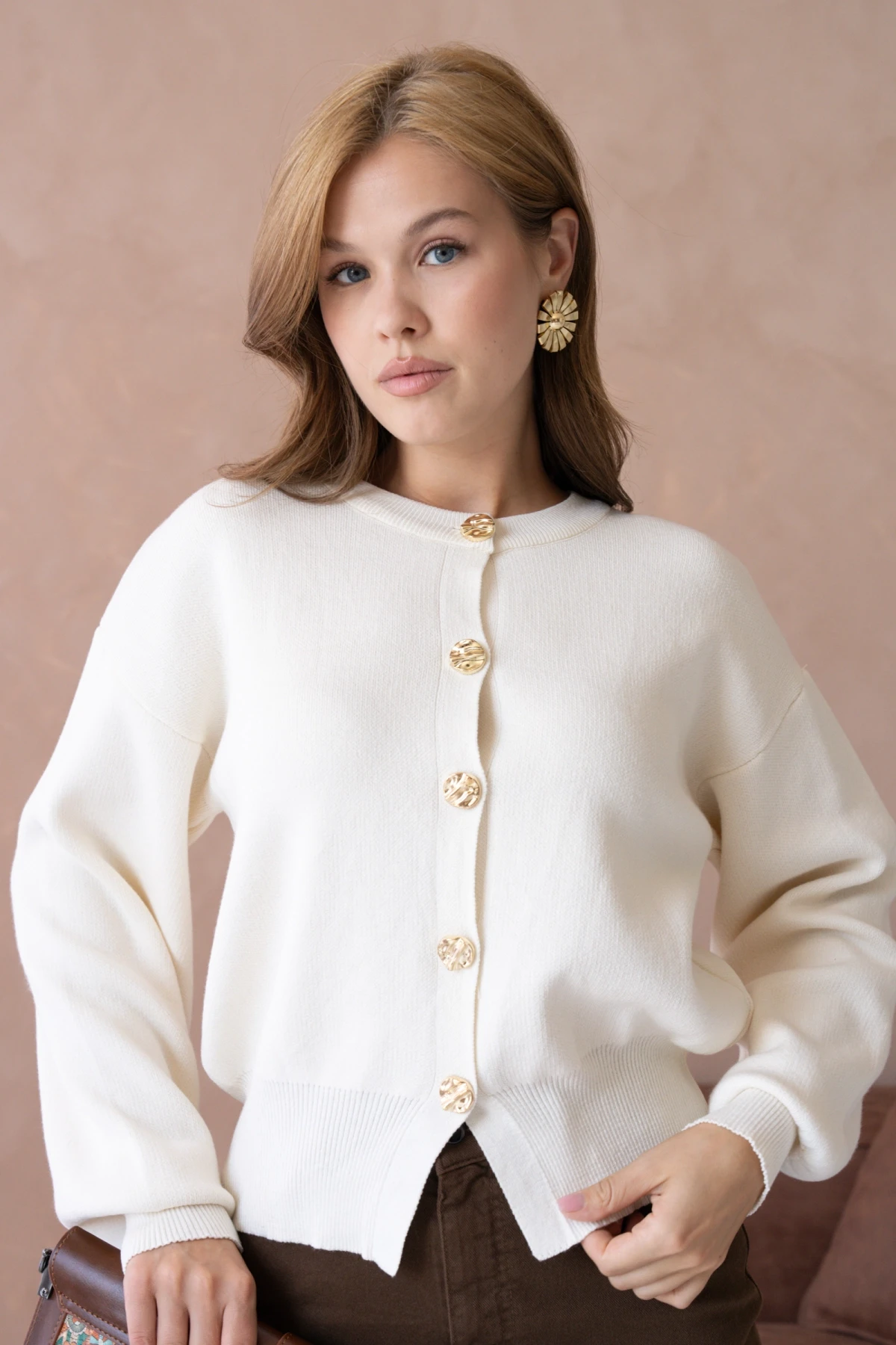 Kadın Bisiklet Yaka Düğme Detaylı Triko Hırka