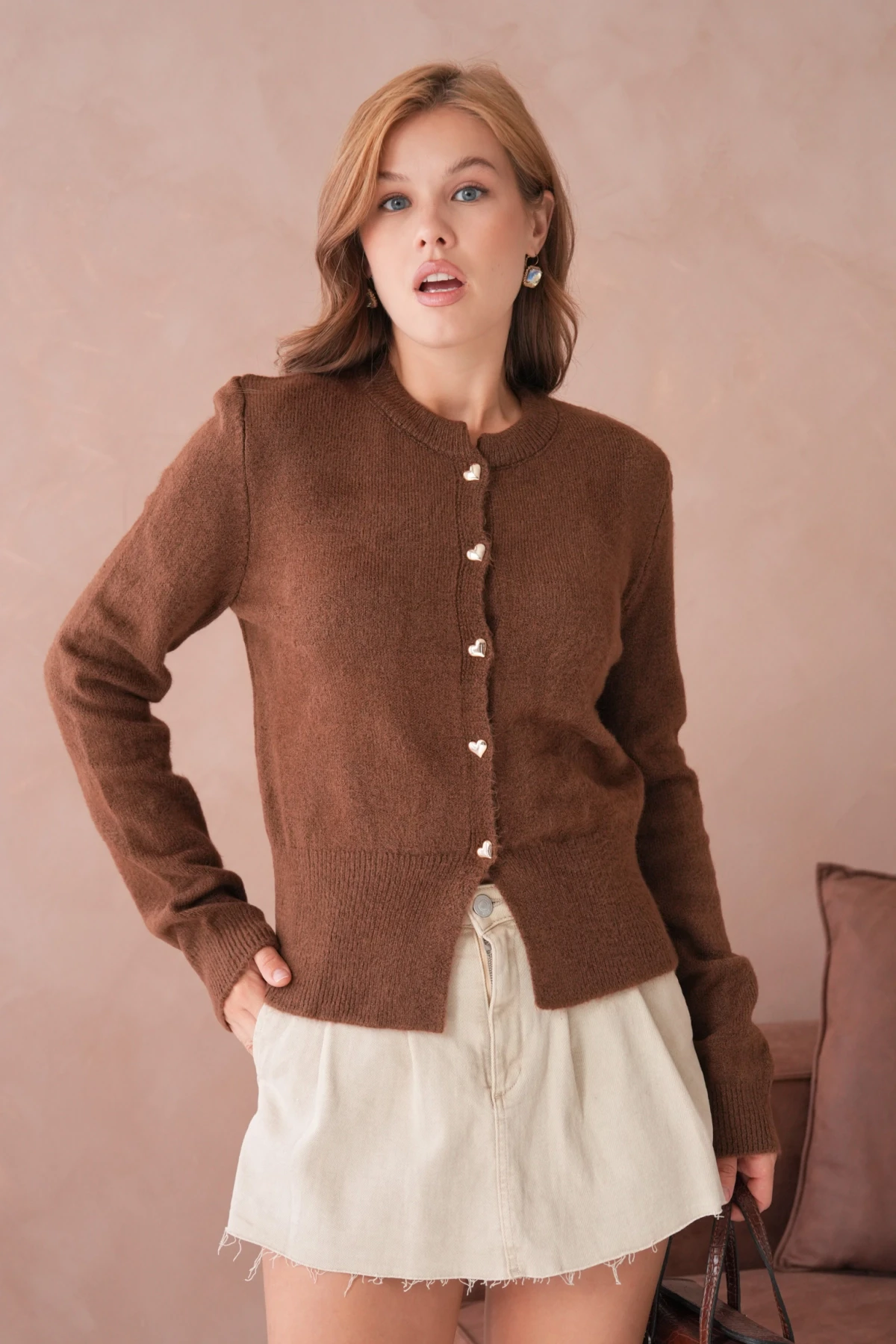 Kadın Bisiklet Yaka Düğme Detaylı Triko Hırka