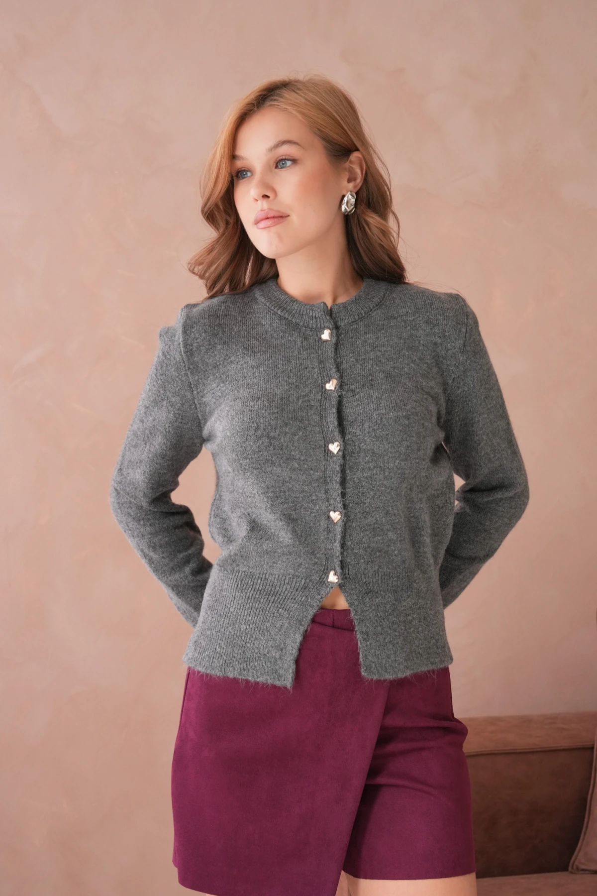 Kadın Bisiklet Yaka Düğme Detaylı Triko Hırka