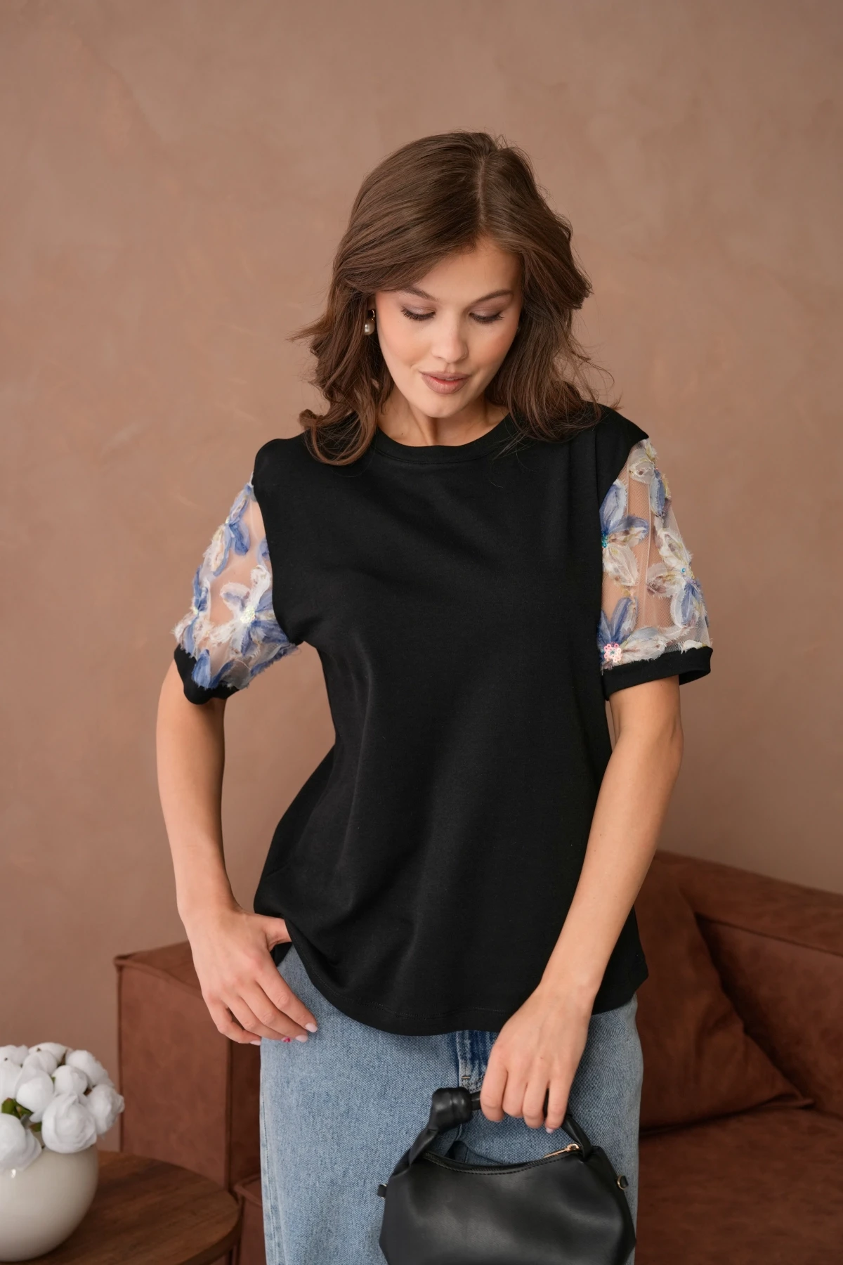 Tül Detaylı Basic T-Shirt
