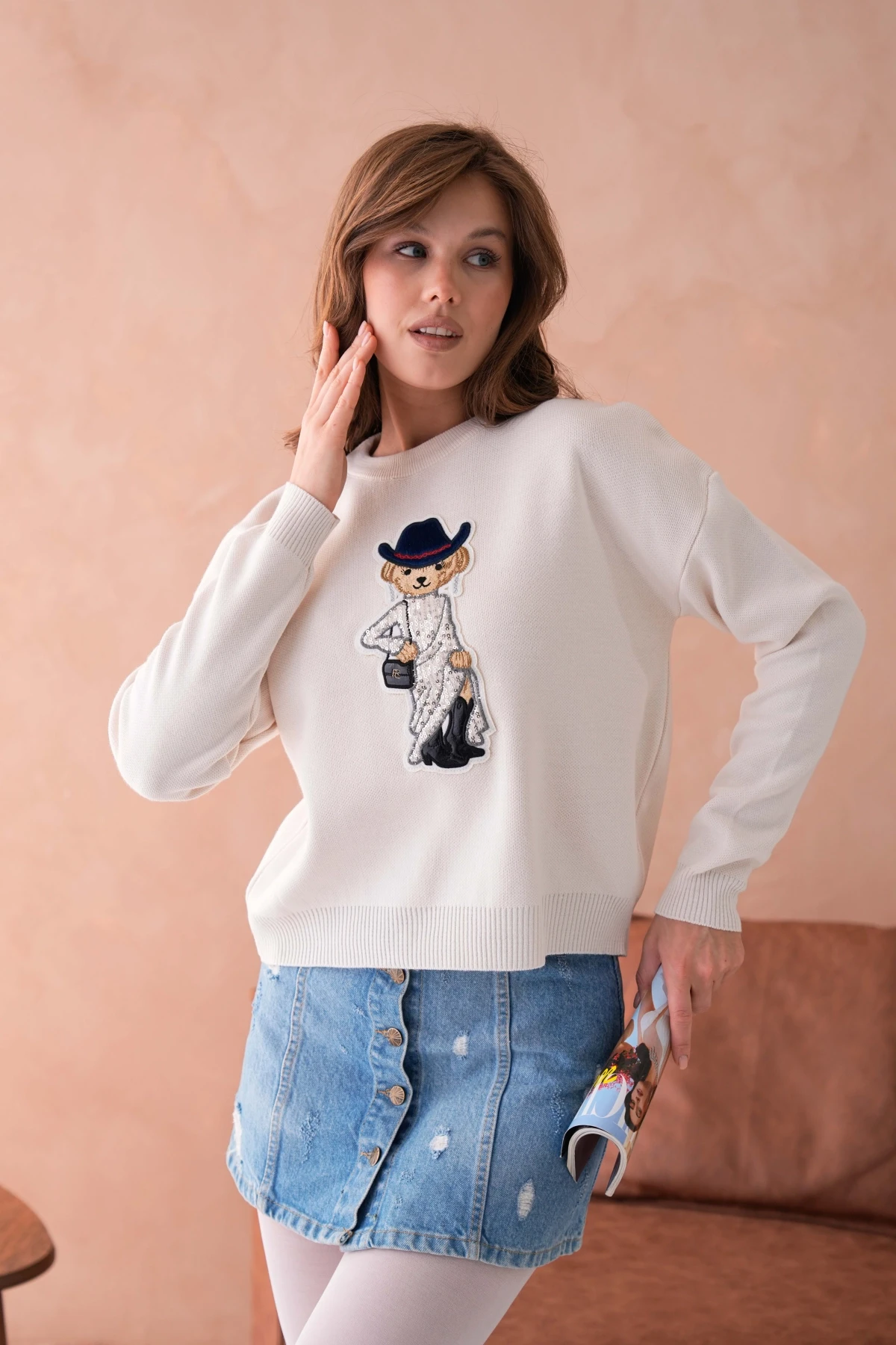 Kadın Bisiklet Yaka Nakış Deaty Triko Kazak