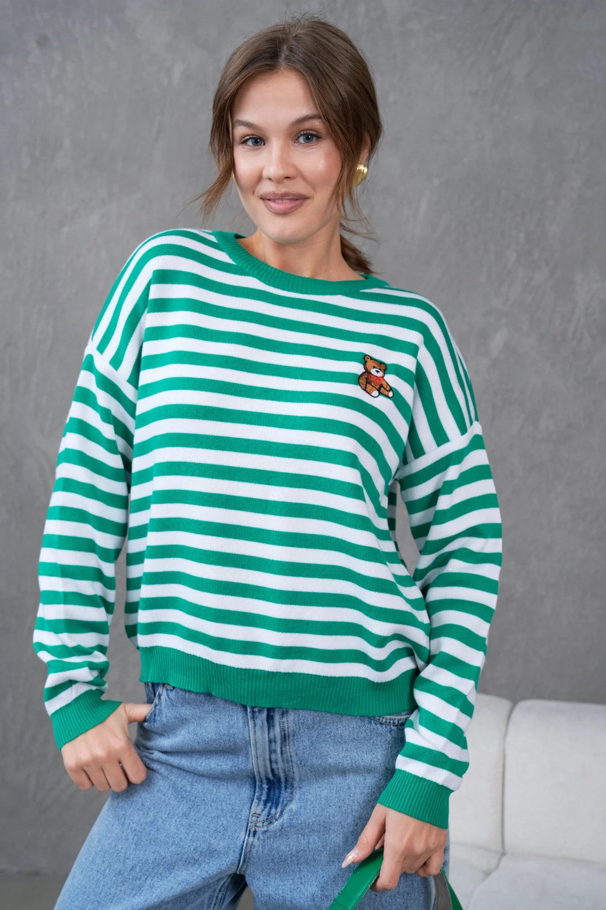 Kadın Bisiklet Yaka Nakış Detay Çizgili Oversize Triko Kazak