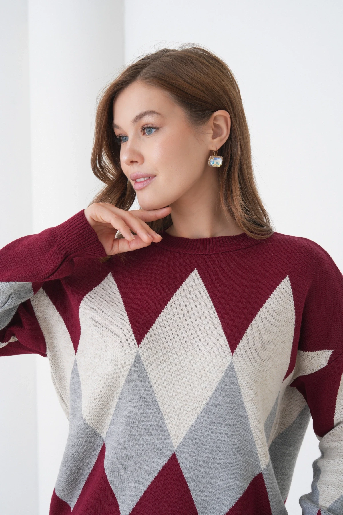 Kadın Bordo Bisiklet Yaka Baklava Desenli Kazak Pantolon Triko Alt-Üst Takım