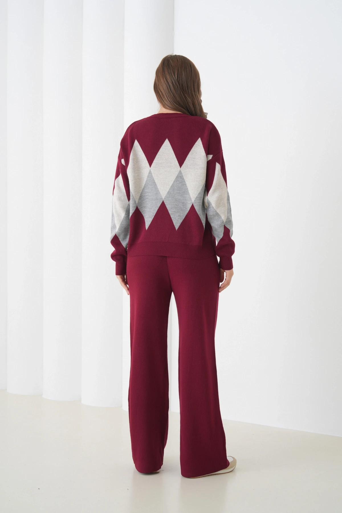 Kadın Bordo Bisiklet Yaka Baklava Desenli Kazak Pantolon Triko Alt-Üst Takım