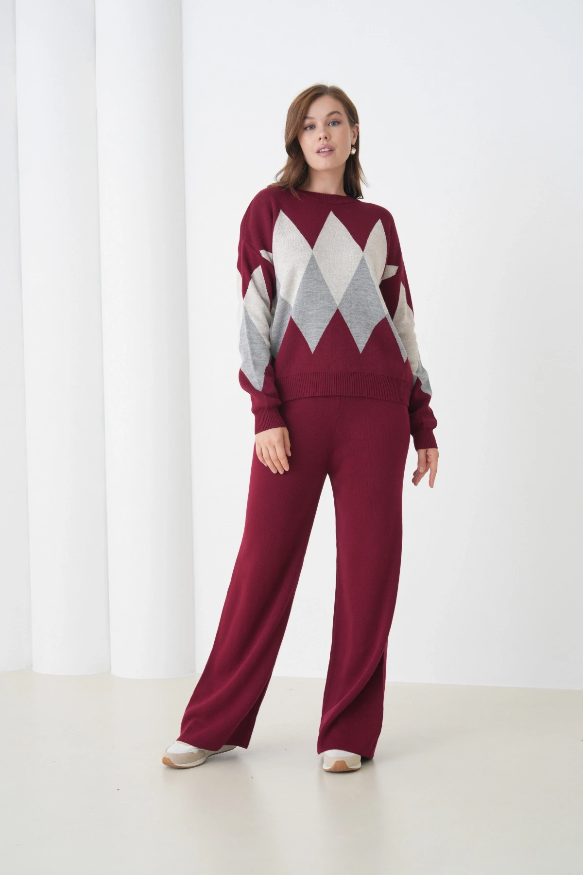 Kadın Bordo Bisiklet Yaka Baklava Desenli Kazak Pantolon Triko Alt-Üst Takım